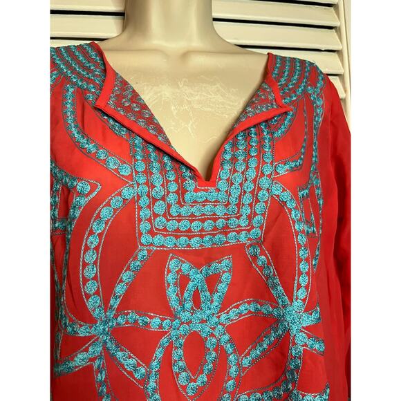 Gretchen Scott Designs silky 100% cotton tunic coral/blue ample fit XS Embroider - Picture 2 of 6